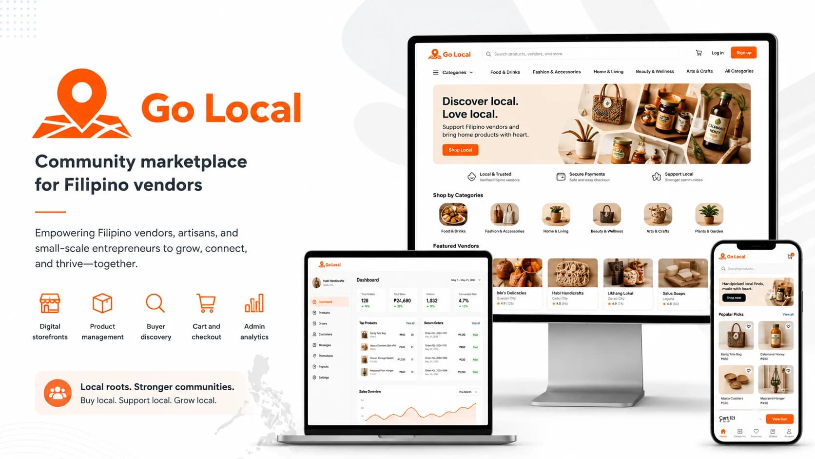 Go Local marketplace dashboard showing local product discovery, seller storefronts, cart flow, and admin analytics.