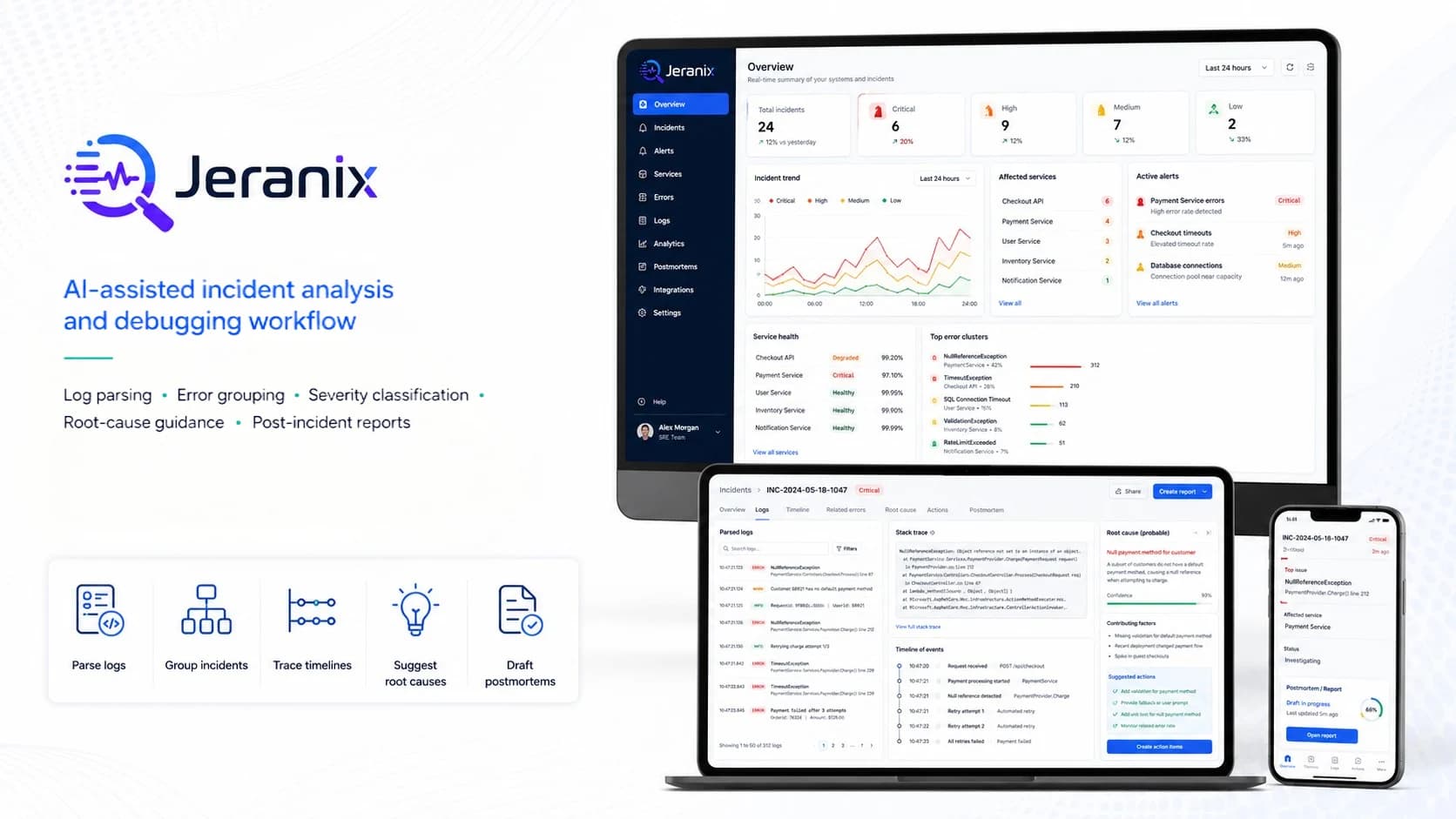 Jeranix DevOps incident analysis dashboard with logs and root-cause report.