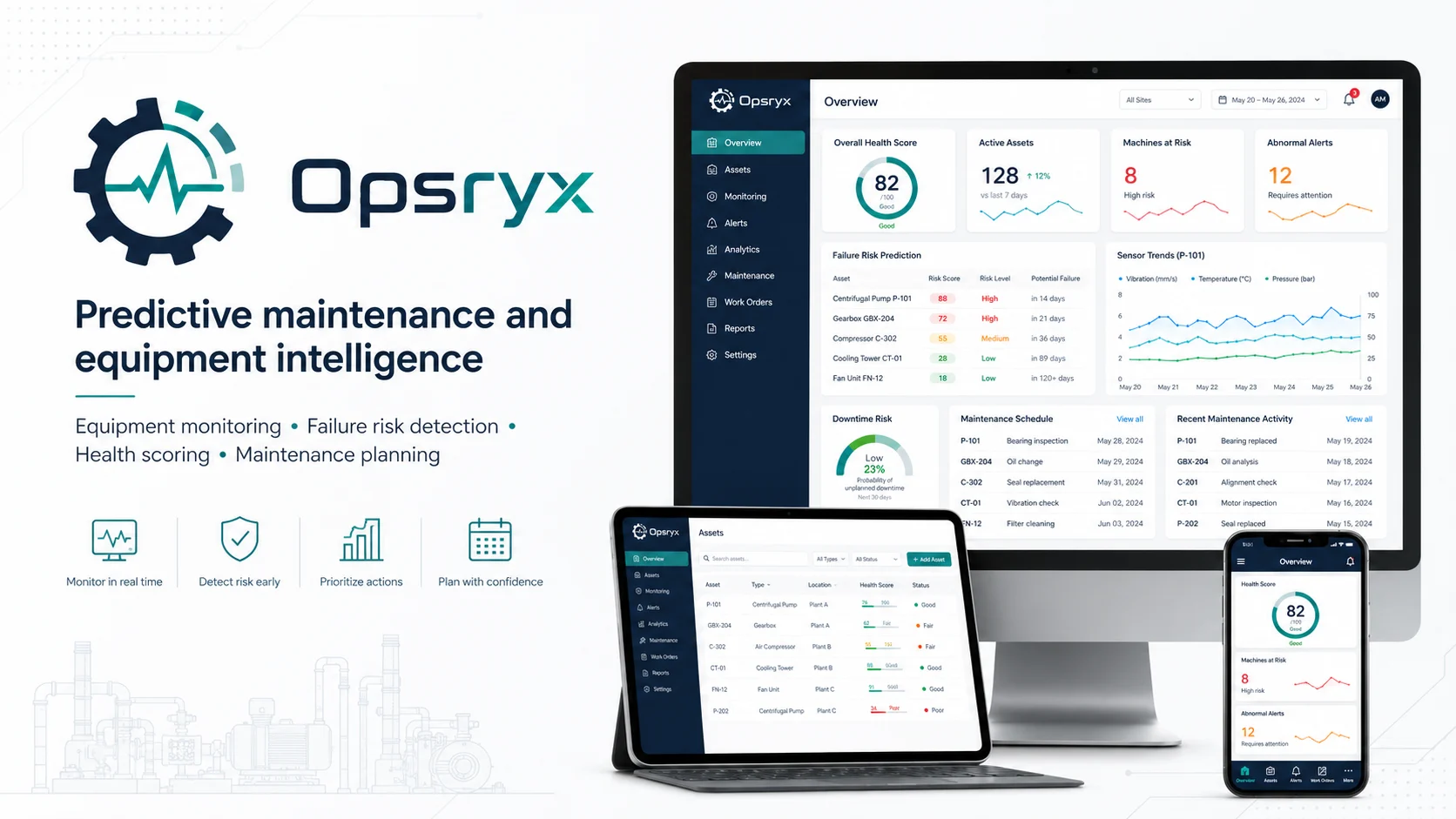 Opsryx predictive maintenance dashboard with equipment health and sensor trends.