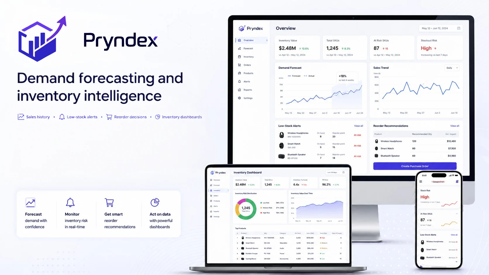 Pryndex inventory forecasting dashboard with demand and stock charts.