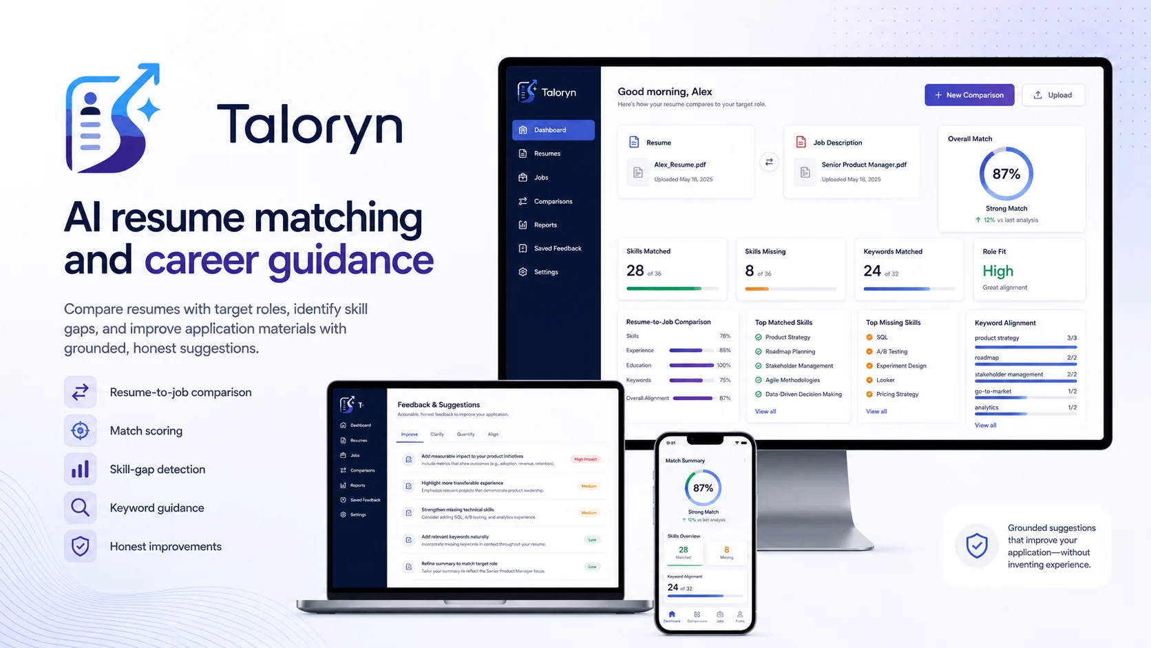 Taloryn resume matching dashboard with match score and skill gaps.
