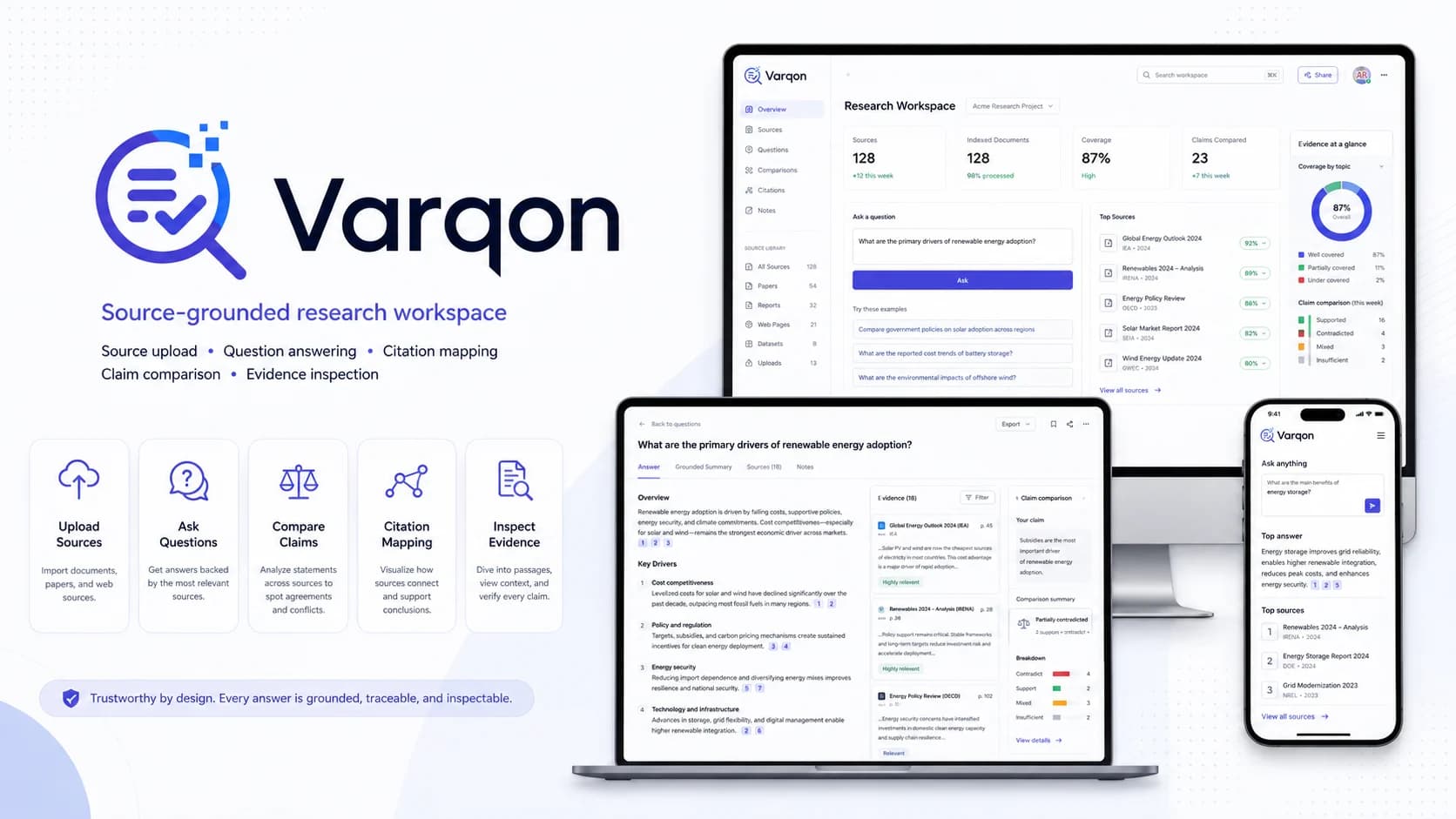 Varqon research assistant workspace with sources, claims, and citations.